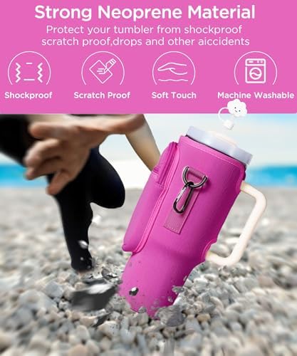 dabria Water Bottle Carrier Bag with Phone Pocket for Stanley 40/30 oz Tumbler Neoprene Water Bottle Holder Pouch with Adjustable Strap Bollus with Straw Cover & Carabiner for Stanley Cup Accessories
