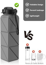 Collapsible Water Bottles, BPA-Free Silicone Foldable Water Bottle Cup with Straw Strap,Leak-Proof Durable Lightweight Bottle for Gym Travel Camping Hiking Running Sport,2Pack(Gray+Blue)