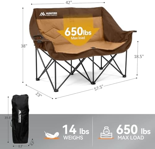 Double Camping Chairs for Adults Oversized Loveseat - 2 Person Camping Chair Heavy Duty Outdoor Camping Couch with Cup Holders - Portable Folding Chair for Outside Lawn, Brown