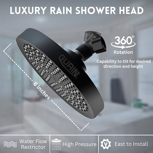 GURIN Shower Head High Pressure Rain, Luxury Bathroom Showerhead with Adjustable Angles, Anti-Clogging Silicone Nozzles - Matte Black, 6 Inch Round