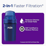 PUR 30-Cup Water Filter Dispenser with 1 Genuine PUR Filter, Large 30-Cup Capacity, 2-in-1 Powerful, Faster Filtration, Lasts 2 Months or 40 Gallons, Dishwasher Safe, White/Blue (DS1800Z)