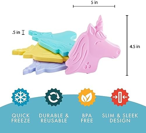 Cool Coolers Kids Lunch Box Ice Packs, Slim Ice Packs for Lunch Bags, Lunch Ice Packs Reusable-Multicolored 4 Pack (Unicorn)