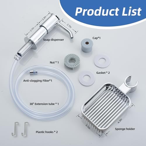 Soap Dispenser for Kitchen Sink with Sponge Holder, Built in Soap Dispenser Pump, Under Counter ABS Pump Head with 38" Extension Tube Kit, Good Suction Power, Chrome
