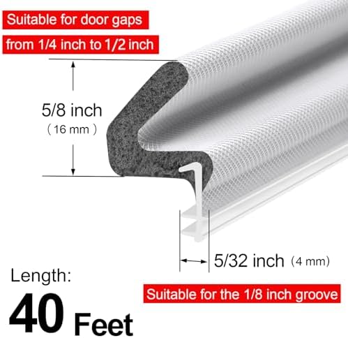 Kerf Weather Stripping Door Seal for Large Gap and Easy Installation (40 Feet, White)