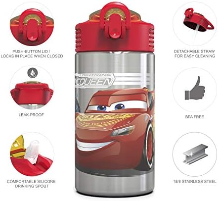 Zak Designs Disney Cars 3 - Stainless Steel Water Bottle with One Hand Operation Action Lid and Built-in Carrying Loop, Kids Water Bottle with Straw Spout is Perfect for Kids (15.5 oz, 18/8, BPA-Free)
