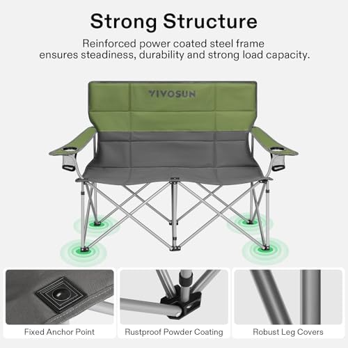 VIVOSUN Double Camping Chair, Fully Padded Folding Loveseat, Portable Oversized Duo Chair with Storage Cup Holders, Height-Adjustable Armrests & Carry Bag, Supports up to 500lbs, Green & Grey