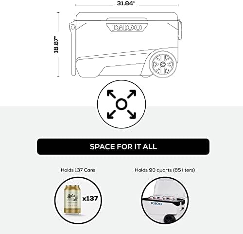 Igloo Marine Ultra 90 QT Cooler, Insulated Cooler Chest with Soft Ride Wheels, Leak-Proof Outdoor Hard Cooler, 5-Day Ice Retention, 137 Can Capacity