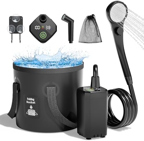 Moriko Portable Camping Shower, 6000mAh Rechargeable Shower Pump, Filtered Shower Head & 5 Gallons Foldable Bucket, Outdoor Shower for Hiking Beach, Travel, Pet Bath, Car Washing, Surf & Boat Cleaning