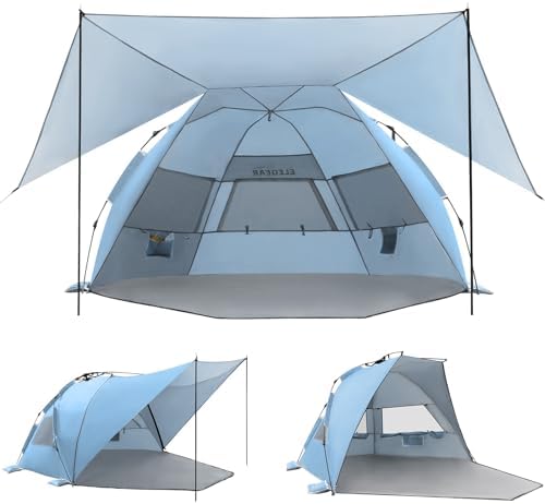 Elegear Beach Tent With 360 Removable Canopy, 4-6 Person Pop Up Sun Shade Shelter, UPF 50+ Automated Installation Double Silver Coating Portable Lightweight Cabana