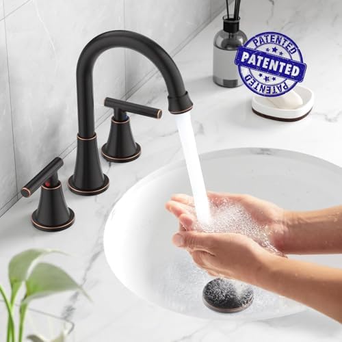 Bathroom Faucets for Sink 3 Hole, Hurran Oil Rubbed Bronze Bathroom Sink Faucet with Pop-up Drain and Supply Lines, Stainless Steel Lead-Free Widespread Faucet for Vanity RV Farmhouse