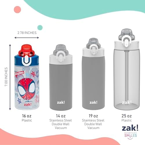 Zak Designs Marvel Spider-Man Sage Kids Water Bottle For School or Travel, 16oz Durable Plastic Water Bottle With Straw, Handle, and Leak-Proof Spout Cover, 2-Pack (Spidey and His Amazing Friends)