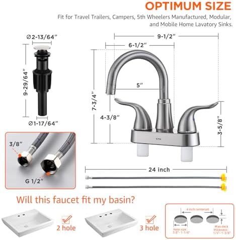 KPW Bathroom Sink Faucet 2 or 3 Hole Brushed Nickel Centerset 4 Inch Bathroom Sink Faucet 2 Handle Over ABS Non-Metallic Lavatory Bathroom Faucet with Pop up Drain Water Supply Hoses