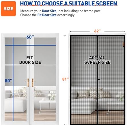 MAGZO Magnetic Screen Door, Fit Door Size 60 x 80 Inch, Actual Screen Size 62" x 81" Reinforced Screen Curtain Middle Opening Sliding Door Screen Mesh, Black