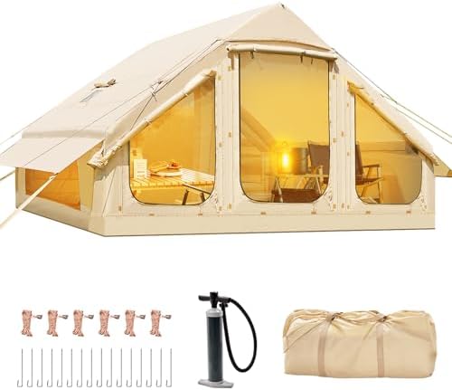Inflatable Tents for Camping, Blow Up Tent with Hand Pump, Easy Setup Inflatable Hot Tent with Stove Jack, Waterproof Oxford Air Glamping Tents for Camping Adult 4-6 Person