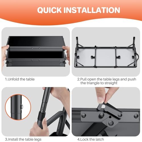 FUNYKICH 3ft Camping Folding Table with 3 Adjustable Height, Portable Picnic Tables, 34.2'' Lx15.7'' W Lightweight Aluminum Outdoor Table with Carry Handle for Camping, Picnic, Backyard, BBQ, Black