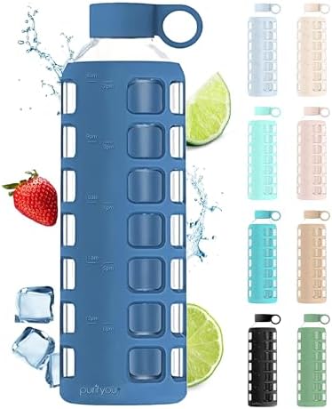 purifyou 40/32/22/12 oz Borosilicate Glass Water Bottles with Volume Markers, Silicone Sleeve, Stainless Steel Lid, Reusable Bottle for Water, Juice, Gym, and Fridge Storage (40oz Chinese Porcelain)