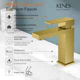 KENES Brushed Gold Bathroom Faucets, Modern Single Hole Lavatory Vanity Faucet, Single Handle Bathroom Sink Faucet Gold, with Pop Up Drain & Water Supply Hoses LJ-9031-4