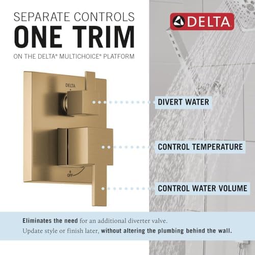 Delta Faucet Modern Raincan 2-Setting Square Shower System Including Rain Shower Head and Handheld Spray Gold, Rainfall Shower System Gold, Shower Valve and Trim Kit, Champagne Bronze 342701-CZ