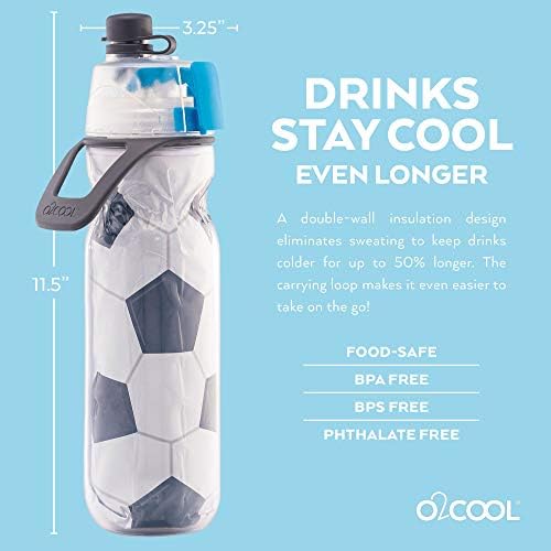 O2COOL Mist 'N Sip Misting Water Bottle 2-in-1 Mist And Sip Function With No Leak Pull Top Spout Reusable Sports Water Bottle - 20 oz (2 Pack Soccer)