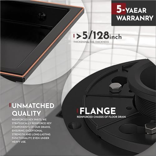 4 Inch Square Shower Floor Drain with Flange,Quadrato Pattern Grate Removable,Food-Grade SUS 304 Stainless Steel,Watermark&CUPC Certified,Oil Rubbed Bronze