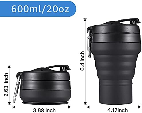 Collapsible Cup for Traveling, 20 OZ 600ml Large Silicone Folding Camping Mug, Leak Proof BPA Free Portable Reusable Bottle for Coffee, Tea, Water, Camping, Hiking, Outdoor (Black)