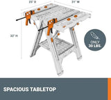 Worx Pegasus 2-in-1 Folding Work Table & Sawhorse, Easy Setup Portable Workbench, 31" W x 25" D x 32" H Lightweight Worktable with Heavy-Duty Load Capacity, WX051 - Includes 2 Clamps & 4 Clamp Dogs