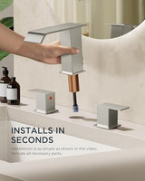 FORIOUS Widespread Bathroom Sink Faucet 3 Hole Brushed Nickel, 2 Handles Waterfall Bathroom Faucet with Metal Pop-up Drain and 24" Hot and Cold Water Hoses, Suitable for Vanity RV Restroom