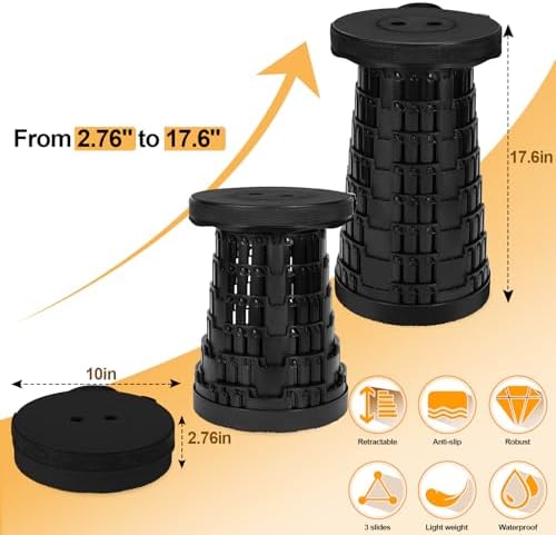 Collapsible Stool - Upgraded with 3 Slides Load Capacity 600lbs, Folding Camping Stool with 3-in-1 Carry Bag, Lightweight Sturdy Retractable Suitable for Camping Fishing Hiking BBQ (Black)