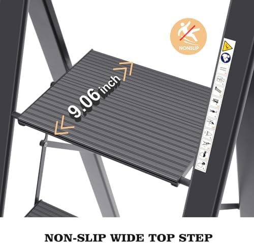 KINGRACK Aluminium 4 Step Ladder, Lightweight Step Stool with Non-Slip Pedals, Handrail, Foldable Step Ladder for Kitchen, Garage, Home, Space Saving, Sturdy and Portable, Black