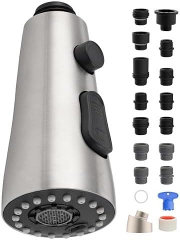 Hygie Rinse Stainless Faucet Head Replacement with 15 Adapters Compatible with Moen/Delta/Kohler Pull Down Kitchen Faucet, 3 Water Modes Kitchen Sink Faucet Sprayer Head, Brushed Nickel Finish