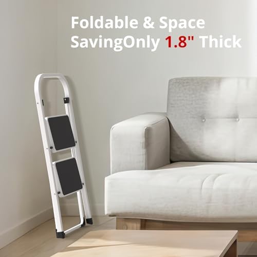 HBTower Step Ladder Folding Step Stool for Adults with Anti-Slip Pedal,330 lbs Capacity for Kitchen, Home,White