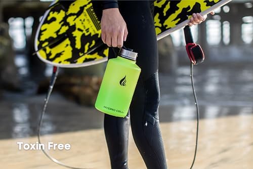 HYDRO CELL Stainless Steel Insulated Water Bottle with Straw - For Cold & Hot Drinks - Metal Vacuum Flask with Screw Cap and Modern Leakproof Sport Thermos for Adults (Neon 64oz)