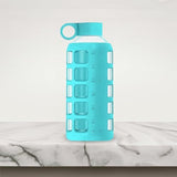 purifyou 40/32/22/12 oz Borosilicate Glass Water Bottles with Volume Markers, Silicone Sleeve, Stainless Steel Lid, Reusable Bottle for Water, Juice, Gym, and Fridge Storage (22oz Aqua Blue)