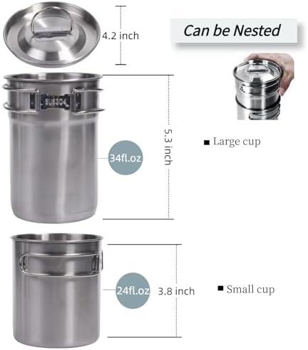 Foldable Camping Cups Mugs Camping Pot Cookware 304-Food-Grade Outdoor Camp Cooking Set with Vented lid,Stainless Steel Backpacking Cookware for Hunting