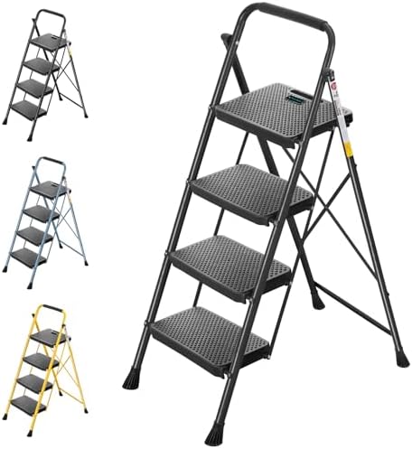 TICONN 4 Step Ladder, Heavy Duty Foldable Step Stool, Portable Steel Folding Stool for Household Garage Storage (Black)