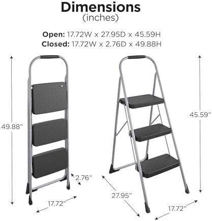 Cosco 11408PBL1E Three Step Big Step Folding Step Stool with Rubber Hand Grip, Grey