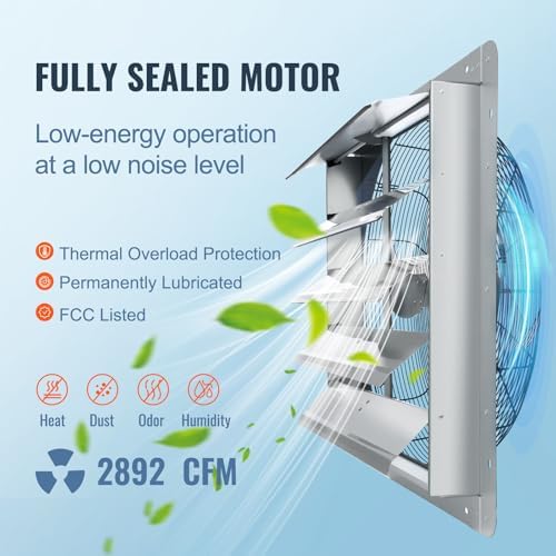 VEVOR 24 Inch Shutter Exhaust Fan Wall Mounted, High-Speed 3320CFM, Vent Fan For Garages, Shops, Greenhouse, Attic Ventilation, AC Motor, Fan Only