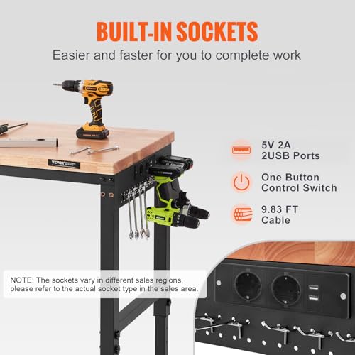 VEVOR Adjustable Workbench, 48" L X 24" W Garage Worktable with Universal Wheels, 28-39.5" Heights & 2000 LBS Load Capacity, with Power Outlets & Hardwood Top & Storage & Foot Pads, for Office Home