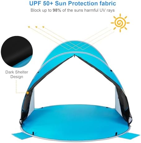 WolfWise UPF 50+ Easy Pop Up 3-4 Person Beach Tent Sport Umbrella Instant Sun Shelter Tent Sun Shade Canopy, Dark Shelter-Blue