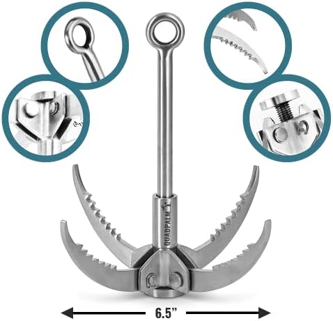 Grappling Hook with 10m Rope – Multifunctional QUADPALM Grapple Hook - 4 Stainless Steel Folding Claws - Heavy Duty - Outdoor Camping Hiking Tree Rock Mountain Climbing Equipment