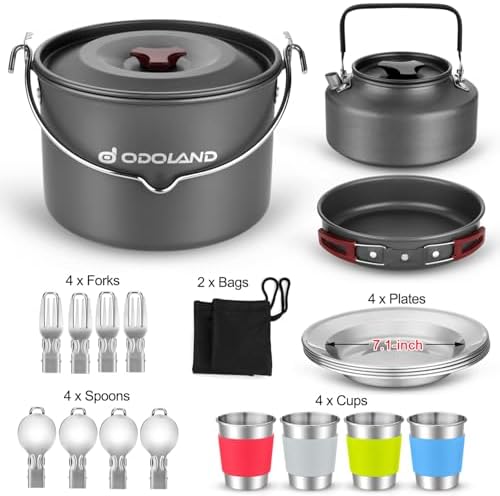 Odoland 22pcs Camping Cookware Mess Kit, Large Size Hanging Pot Pan Kettle with Base Cook Set for 4, Cups Dishes Forks Spoons Kit for Outdoor Camping Hiking Picnic
