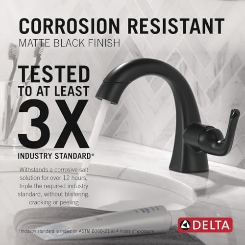 Delta Arvo 1 Hole Matte Black Bathroom Faucet with Sprayer, Single Hole Bathroom Sink Faucet with Pull Out Sprayer for Vanity, Push-Pop Drain, Matte Black 15840LF-BLPD