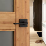 Kwikset Halifax Interior Privacy Door Handle with Lock, Door Lever For Bathroom and Bedroom, Matte Black Reversible Keyless Push Button Lock Door Lever, with Microban Protection, Square Rose