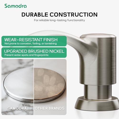 SAMODRA Built in Kitchen Sink Soap Dispenser (Brushed Nickel) with 13 oz Large PET Lotion Bottle, Refill from Top