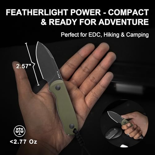 Kizer Drop Bear Fixed Blade Knife, 2.57" Black Stonewash D2 Blade EDC Camping Knife with Olive Green G10 Handle & Hidden Tool, Full Tang Hunting Survival Knives with Adjustable Kydex Sheath, 1094M1