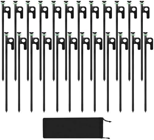 24Pcs Tent Stakes, 12in Heavy Duty Tent Stakes with Storage Pouch, Forged Steel Metal Stake for Tent Used on Rocky Place, Grassland, Dessert(24Pcs, 12in, Diameter 1/4")