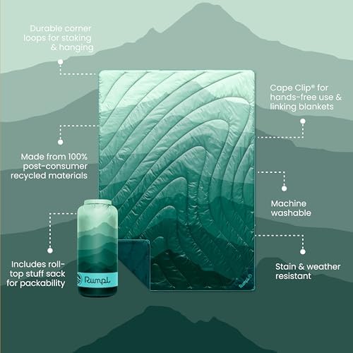Rumpl Original Puffy Blanket - Warm Puffy Camping Blanket, 100% Recycled Polyester Insulation, Lightweight, Packable, Water-Resistant, Outdoor Puffer Blanket, 52"x75", V2, Cascade Fade - Green