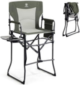 EVER ADVANCED Portable 30.7" Seat Height Tall Folding Camping Chair Directors Chair High Foldable Bar Stool with Side Table for Makeup Artist, Sports Event, Craft Show, Supports 350LBS Green Grey
