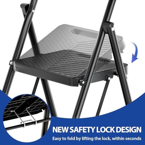 KINGRACK Folding 3 Step Ladder, Portable Ladder for Multi-Purpose, Home, Kitchen, Heavy Sturdy Steel Step Stool with Anti-Slip Wide Pedals, Handrail, Safe-Lock Design, Pass 500lbs Load Testing, Black