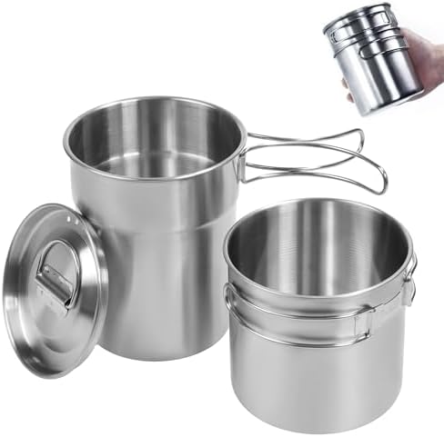 Foldable Camping Cups Mugs Camping Pot Cookware 304-Food-Grade Outdoor Camp Cooking Set with Vented lid,Stainless Steel Backpacking Cookware for Hunting